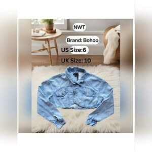NWT Bohoo Women's Curved Hem Crop Denim Jacket US Size 6 And UK Size 10
